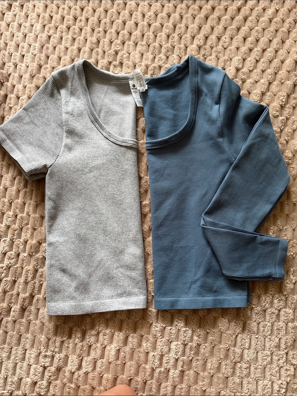 Two 90 Degree Ribbed Scoop Neck Tops (Light Gray & Dusty Blue)
